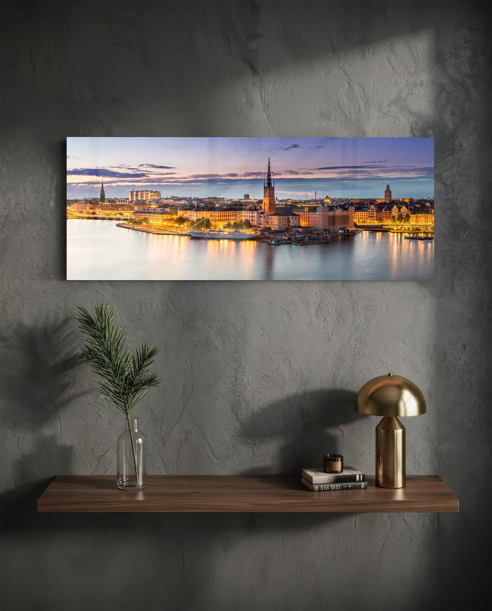 Panoramic Nordic old-town waterfront at dusk, warm street lights glowing along the quay beneath a soft pastel twilight sky. panoramic glass wall art D