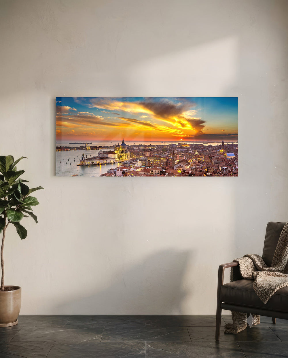 Aerial panoramic view of Venice at sunset, a great domed basilica and terracotta rooftops glowing beneath a fiery orange and blue sky over the lagoon. panoramic glass wall art C