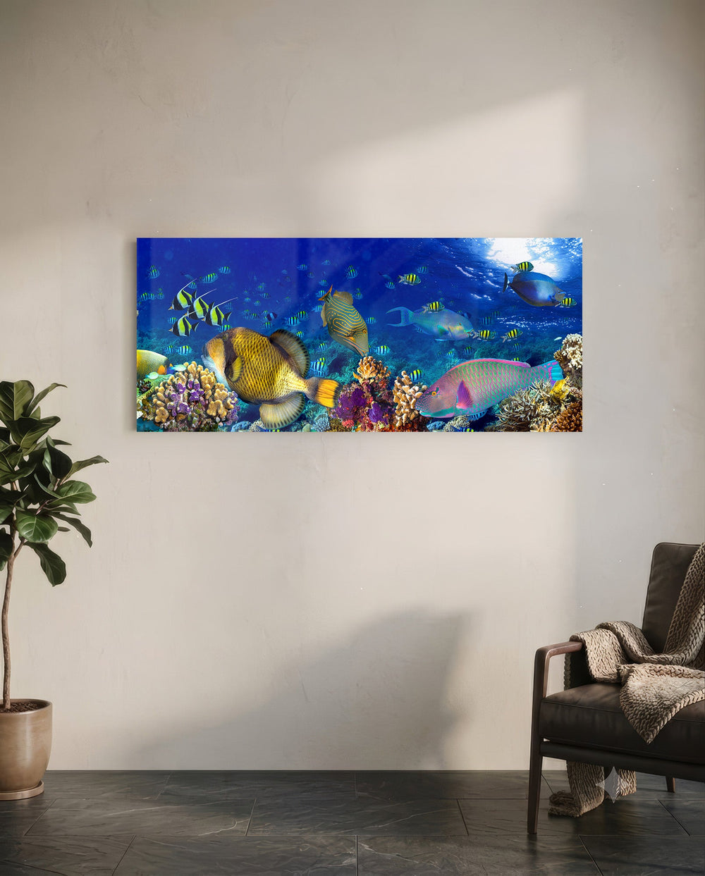 Vivid underwater panorama of a tropical coral reef alive with colorful fish, sunlight rippling through deep blue water. panoramic glass wall art C