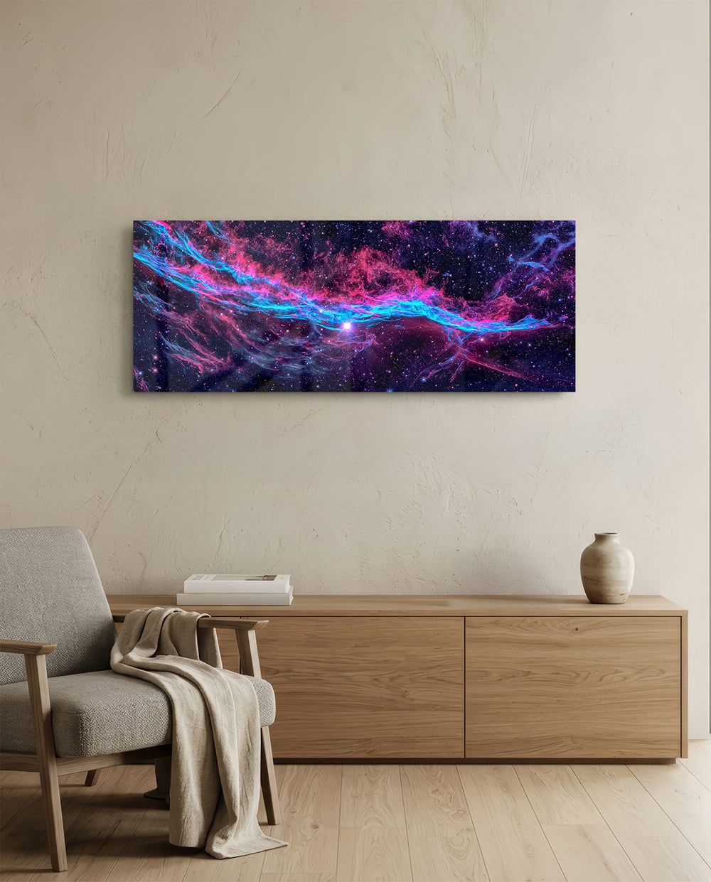 Panoramic deep-space nebula in glowing magenta and electric cyan, scattered with countless stars across a dark cosmic field. panoramic glass wall art A