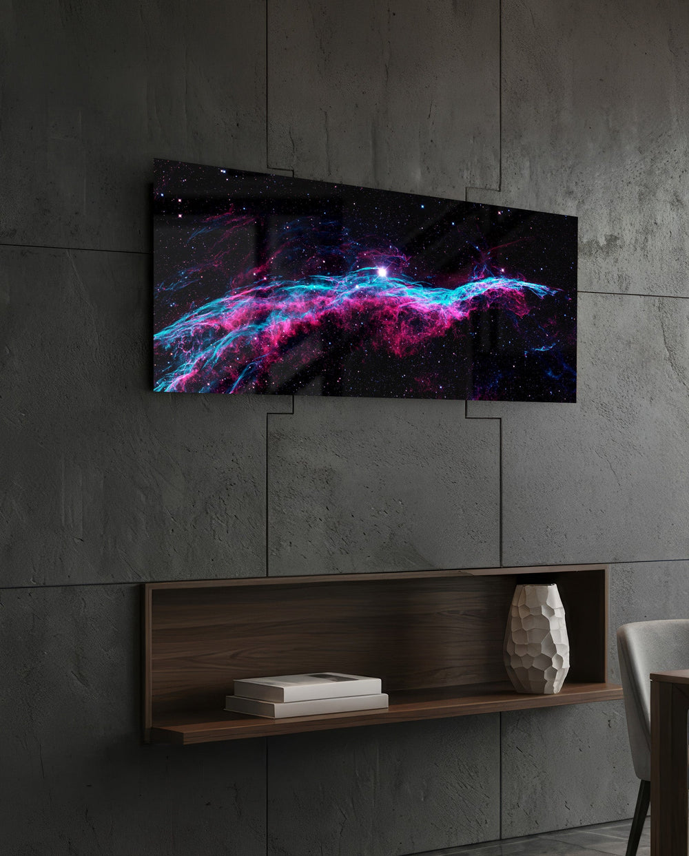 Pink and Teal Nebula Cosmic Glass Wall Art (36"x14")