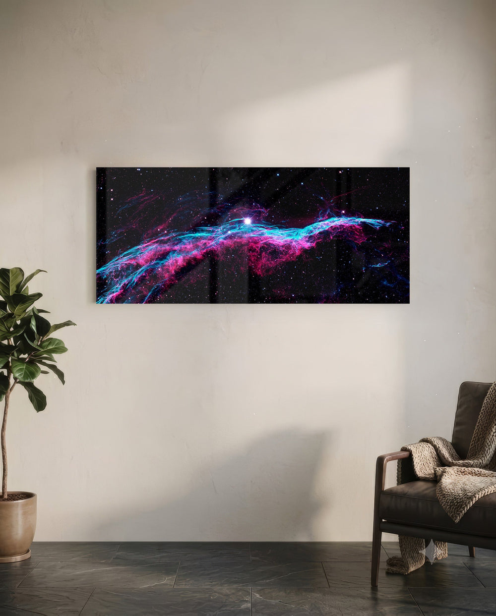A vivid deep-space nebula with pink and turquoise gas filaments stretching across a starry black sky. panoramic glass wall art C