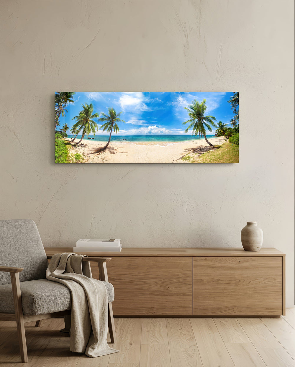 A wide tropical beach lined with leaning coconut palms above turquoise water and a bright blue, cloud-filled sky. panoramic glass wall art A
