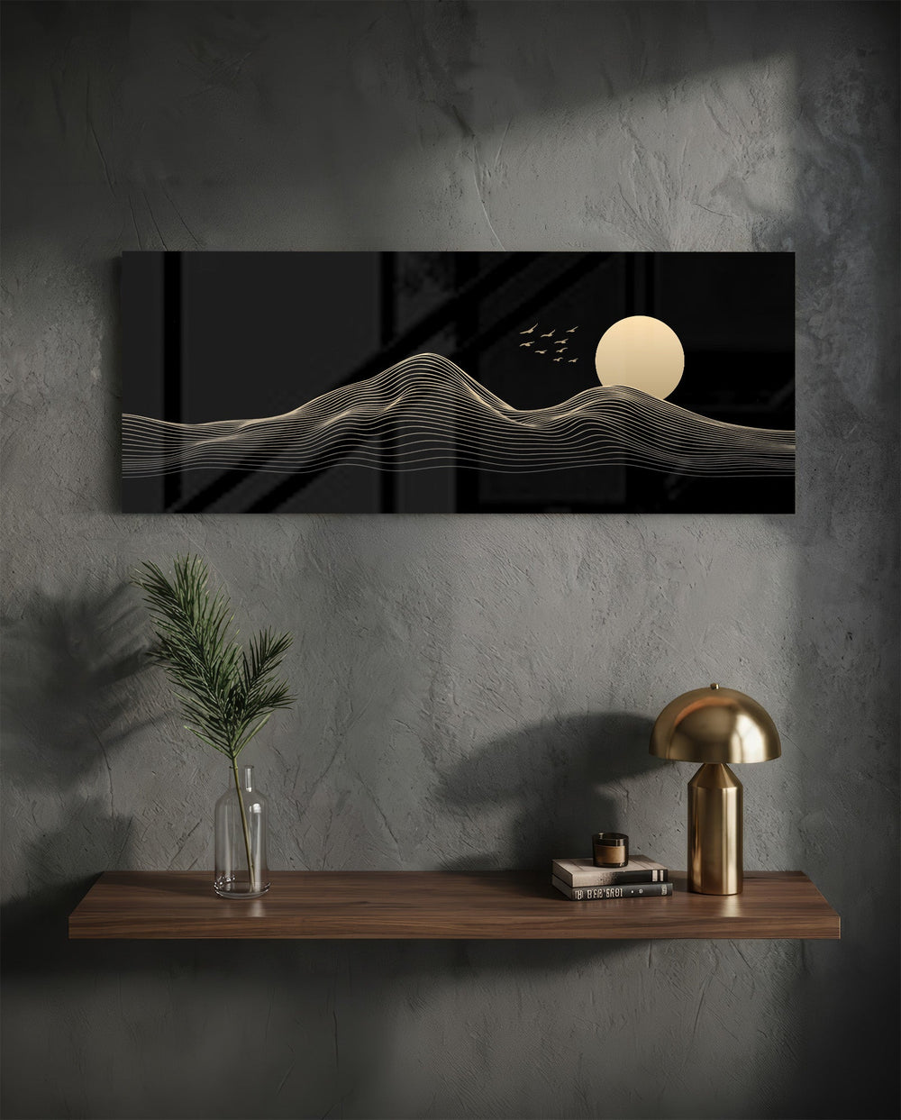 Minimalist gold line-art mountains beneath a full cream moon and a small flock of birds on a black ground. panoramic glass wall art D