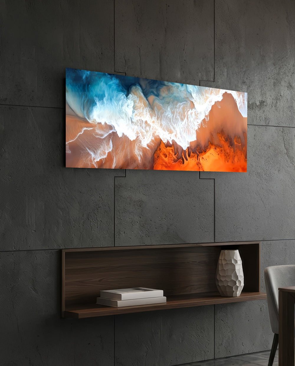 Teal and Coral Abstract Shoreline Glass Wall Art (36"x14")