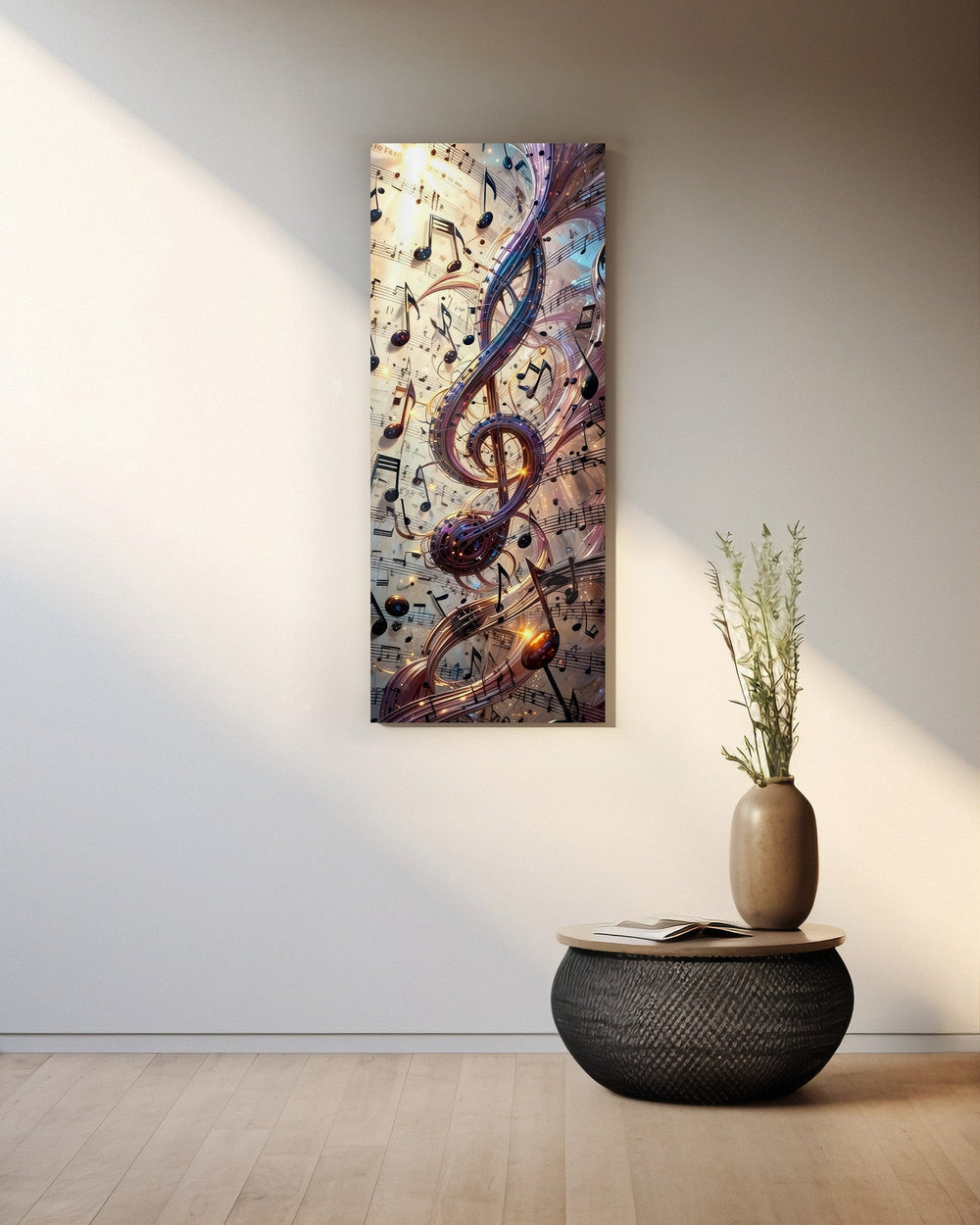 A glowing treble clef swirling with scattered music notes and ribbons of light over vintage sheet music. panoramic glass wall art A