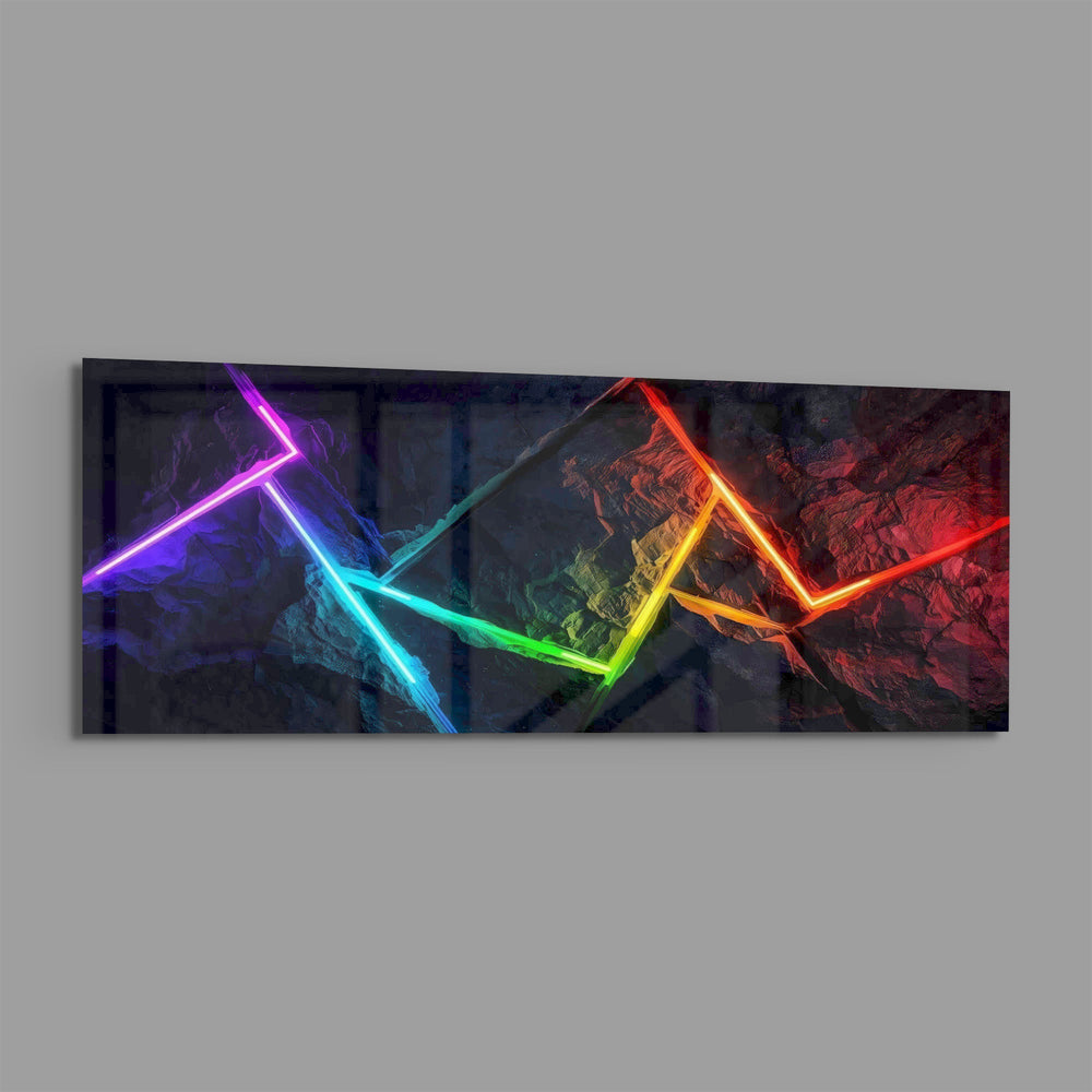 Abstract panel with a single glowing rainbow-gradient neon line zigzagging across a dark rocky texture. panoramic glass wall art E