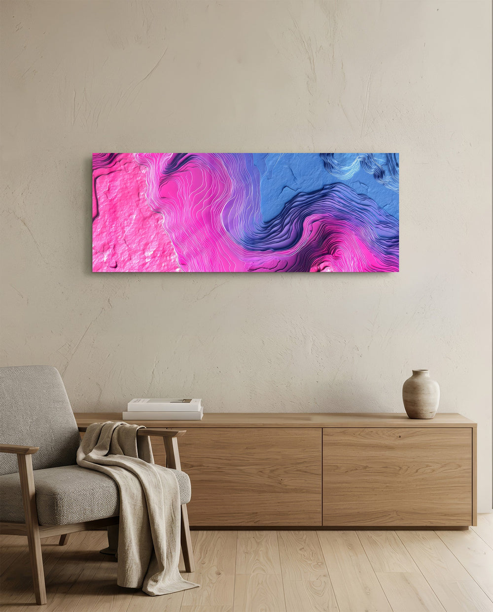 Abstract panel of swirling neon pink and blue fluid forms layered with fine topographic contour lines. panoramic glass wall art A