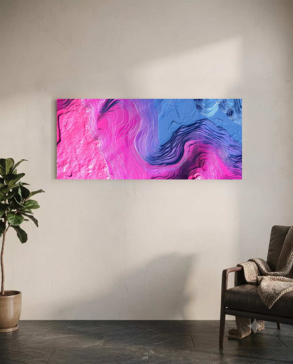 Abstract panel of swirling neon pink and blue fluid forms layered with fine topographic contour lines. panoramic glass wall art C