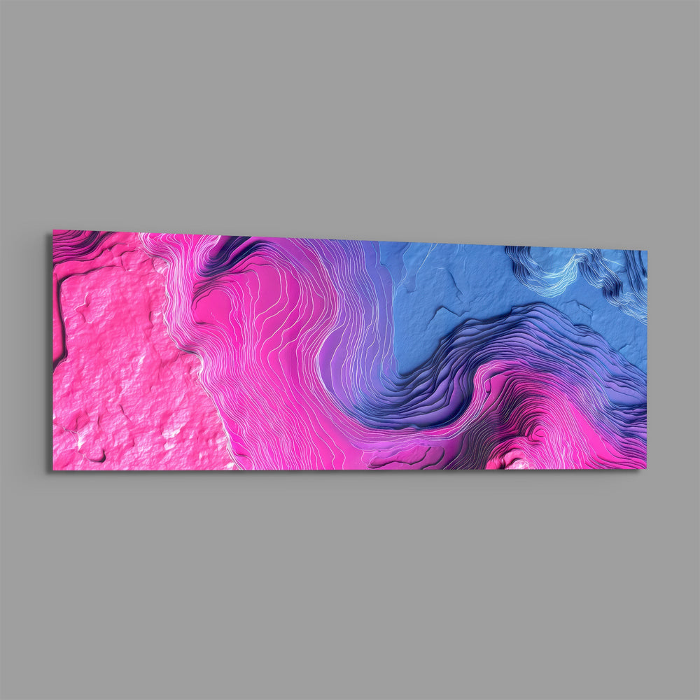 Abstract panel of swirling neon pink and blue fluid forms layered with fine topographic contour lines. panoramic glass wall art E