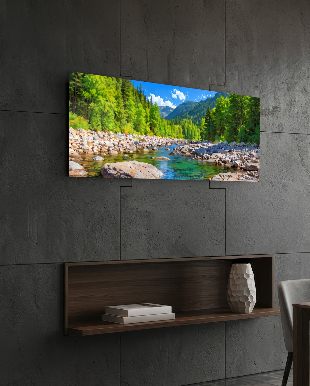 Rocky River Green Forest Landscape Glass Wall Art (36"x14")