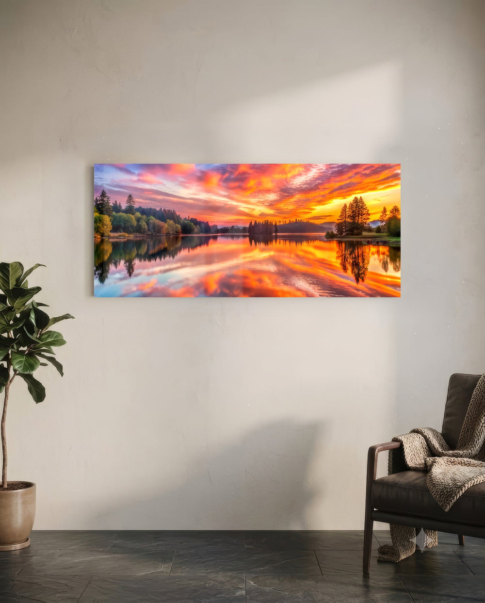 A blazing pink and orange sunset sky mirrored on a perfectly still forest lake. panoramic glass wall art C