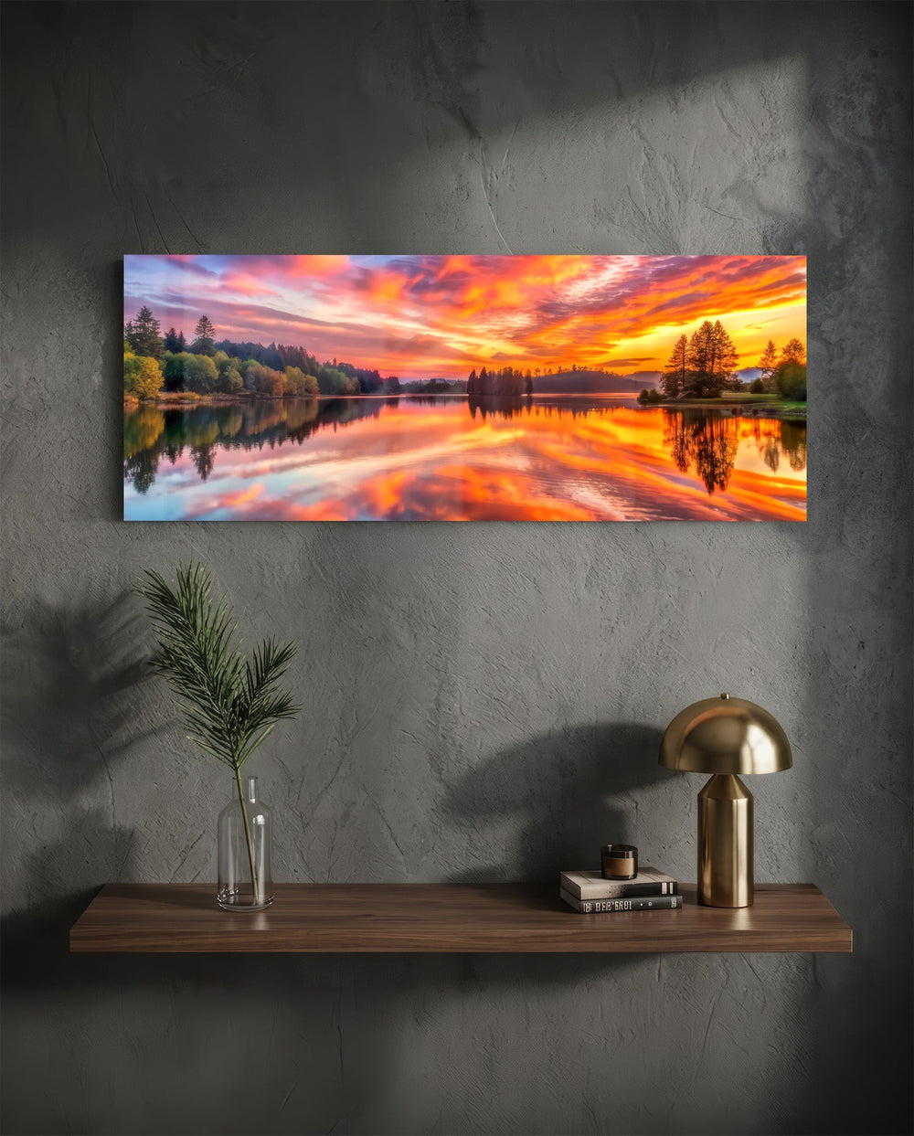 A blazing pink and orange sunset sky mirrored on a perfectly still forest lake. panoramic glass wall art D
