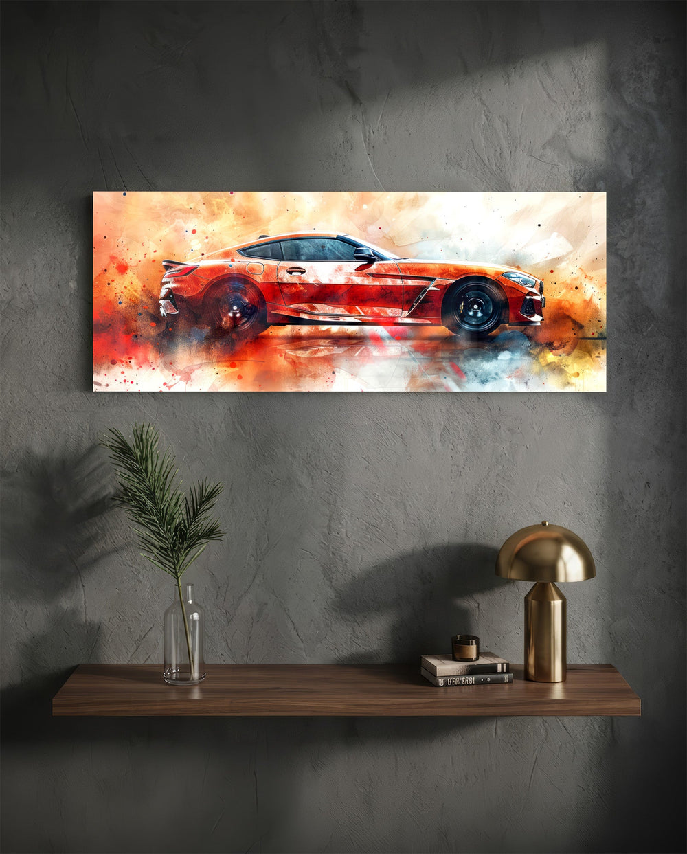 A sleek red sports coupe bursting from an explosive splash of orange, red and smoke. panoramic glass wall art D