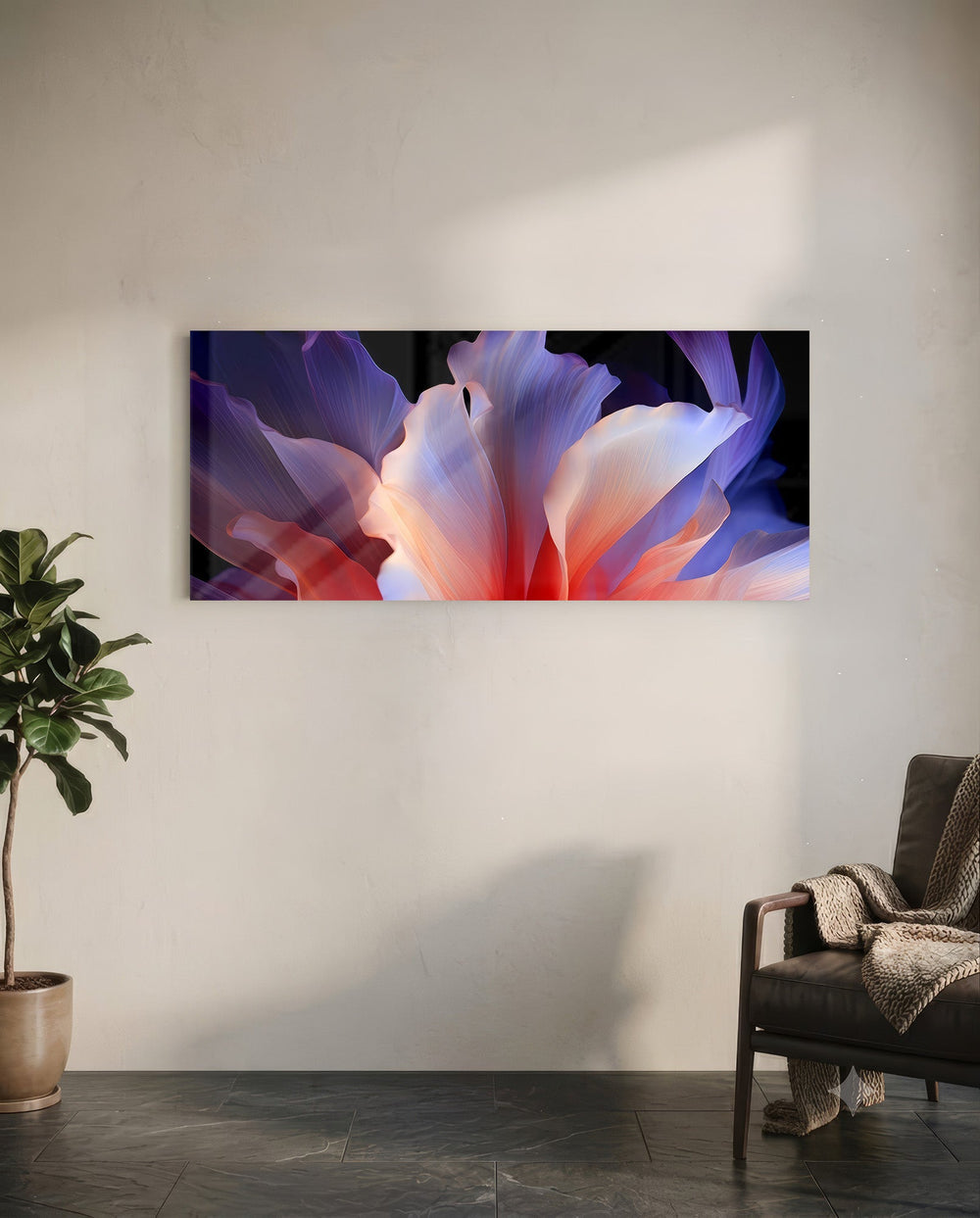 A macro abstract flower with flowing violet, blue and coral-pink petals opening against a deep black background panoramic glass wall art C