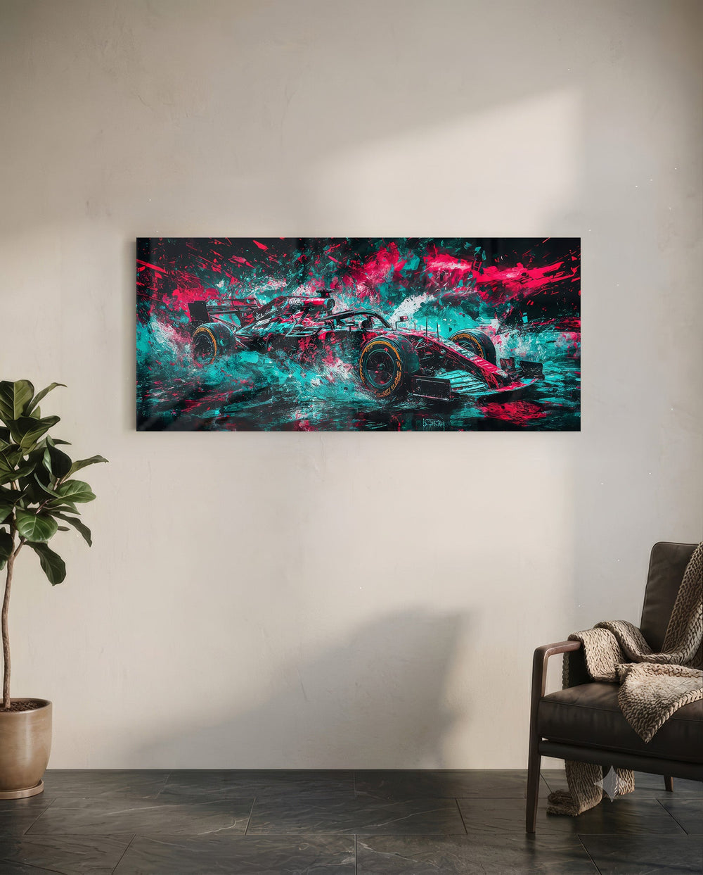 A single-seat open-wheel race car bursting through an explosive splash of teal and magenta paint panoramic glass wall art C