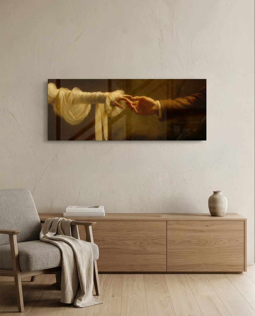 Two hands reaching toward each other in warm golden light, a painterly homage to the classical divine touch. panoramic glass wall art A
