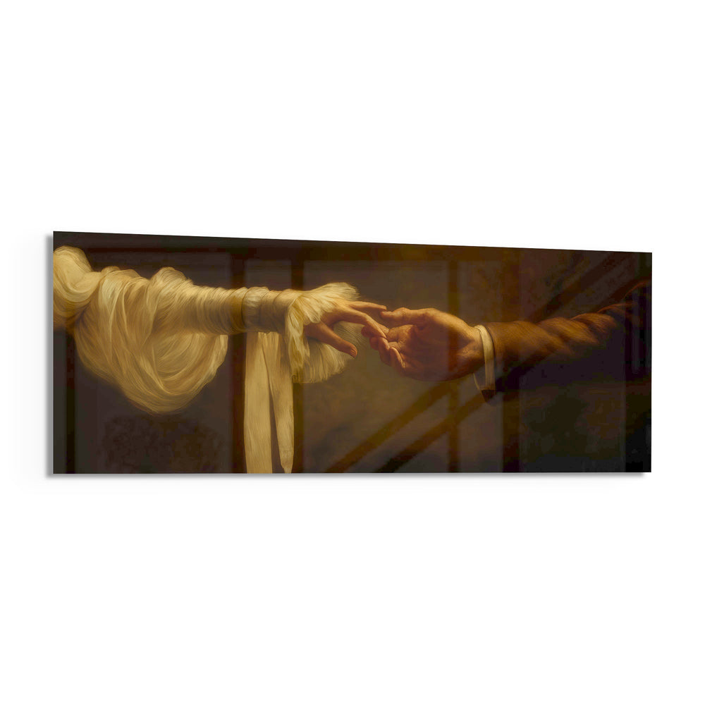 Two hands reaching toward each other in warm golden light, a painterly homage to the classical divine touch. panoramic glass wall art F