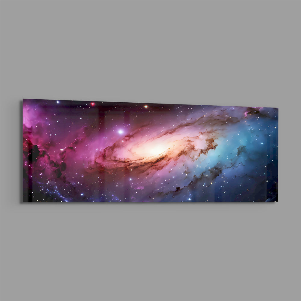 A glowing spiral galaxy swirling through clouds of pink, purple and blue across a star-filled cosmos. panoramic glass wall art E