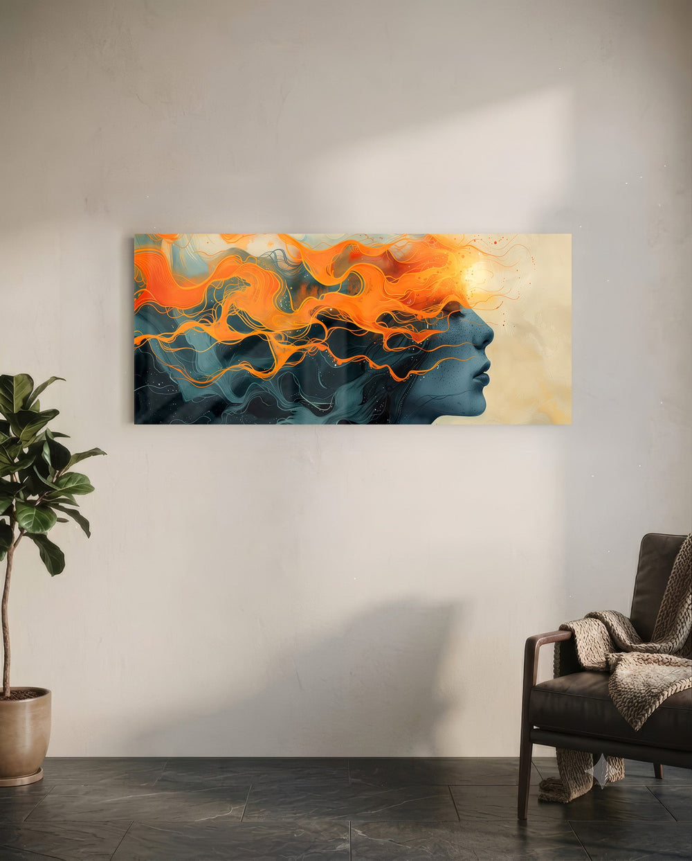 A woman's serene profile whose flowing hair dissolves into swirling orange flames against a deep teal ground. panoramic glass wall art C