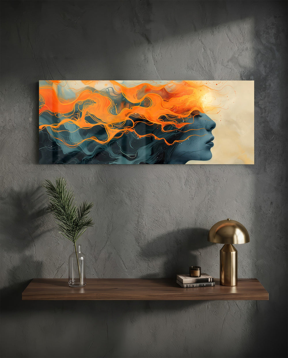 A woman's serene profile whose flowing hair dissolves into swirling orange flames against a deep teal ground. panoramic glass wall art D