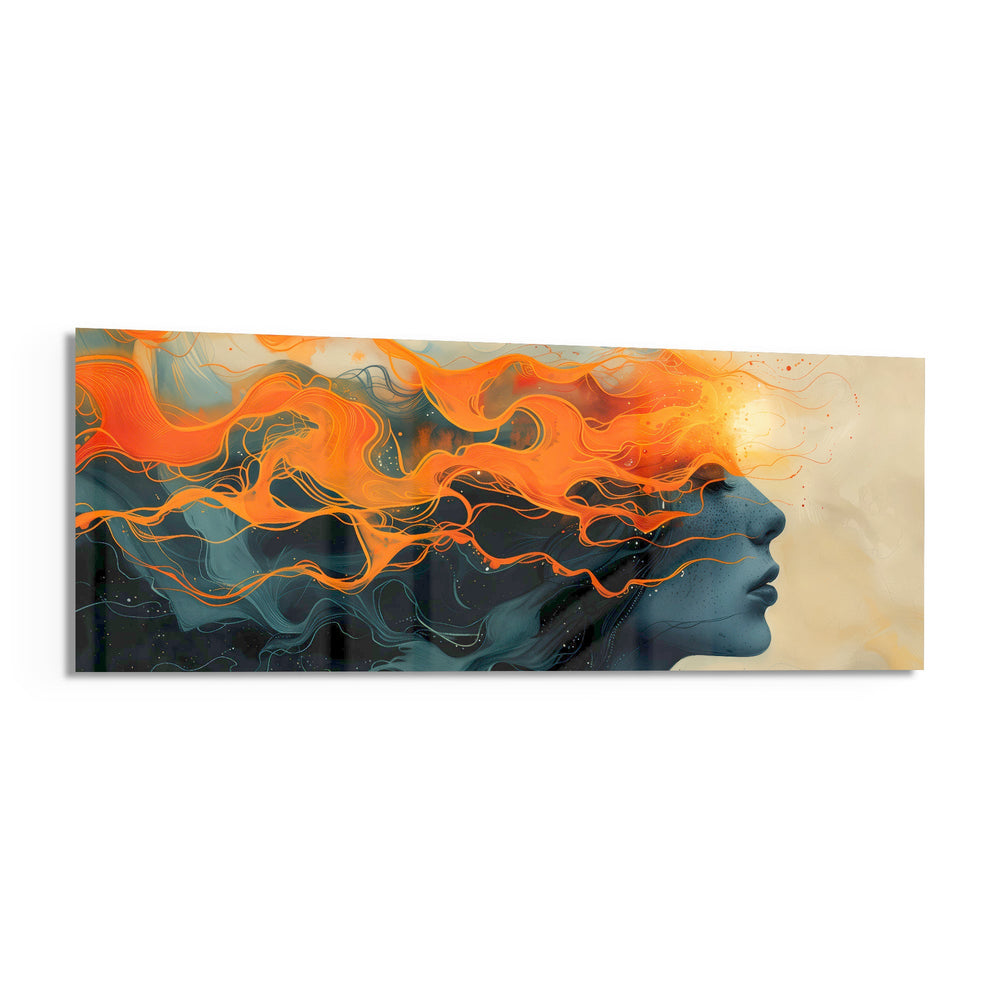 A woman's serene profile whose flowing hair dissolves into swirling orange flames against a deep teal ground. panoramic glass wall art F