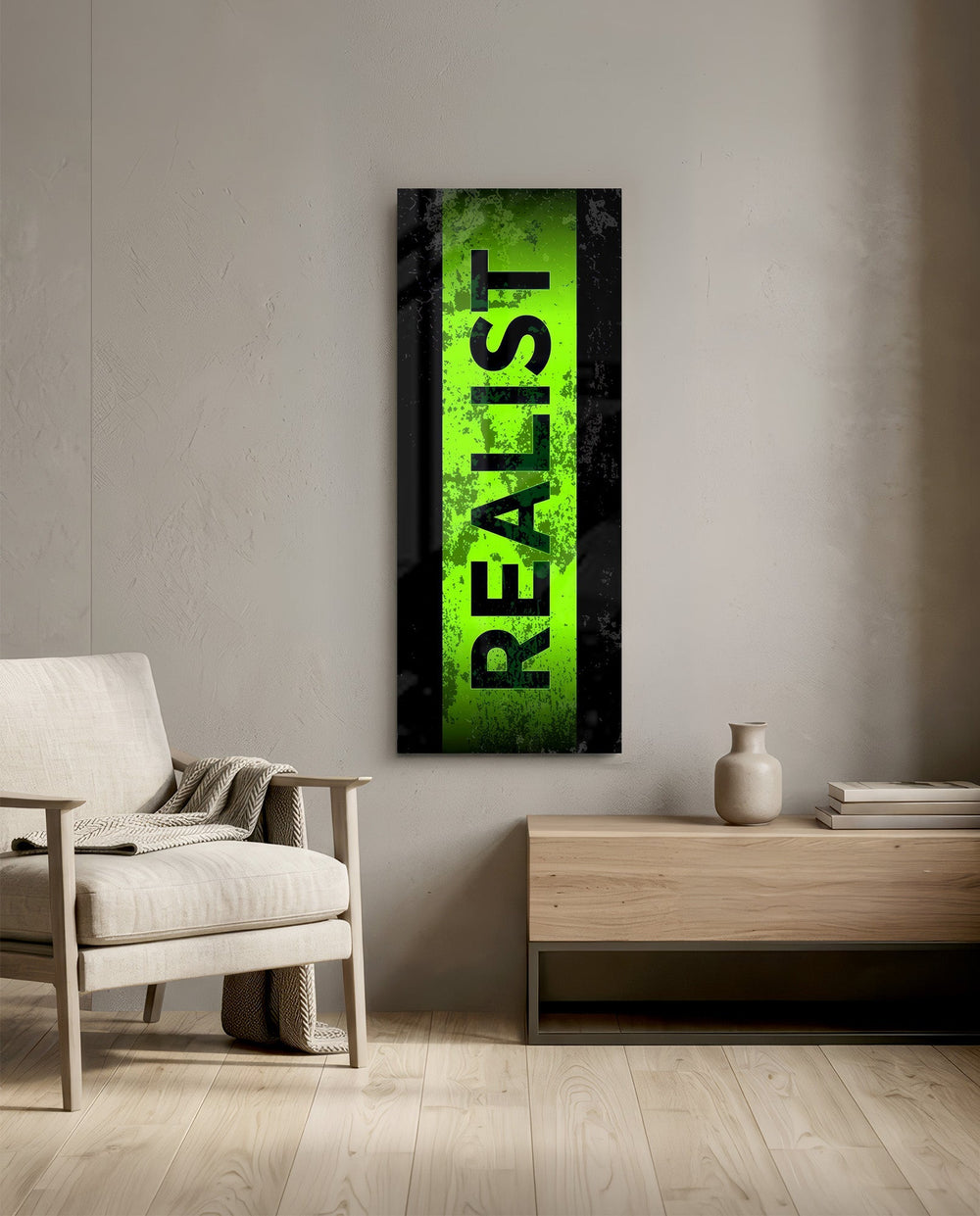 The single bold word "REALIST" in black over a distressed toxic-green stripe framed by black borders. panoramic glass wall art F
