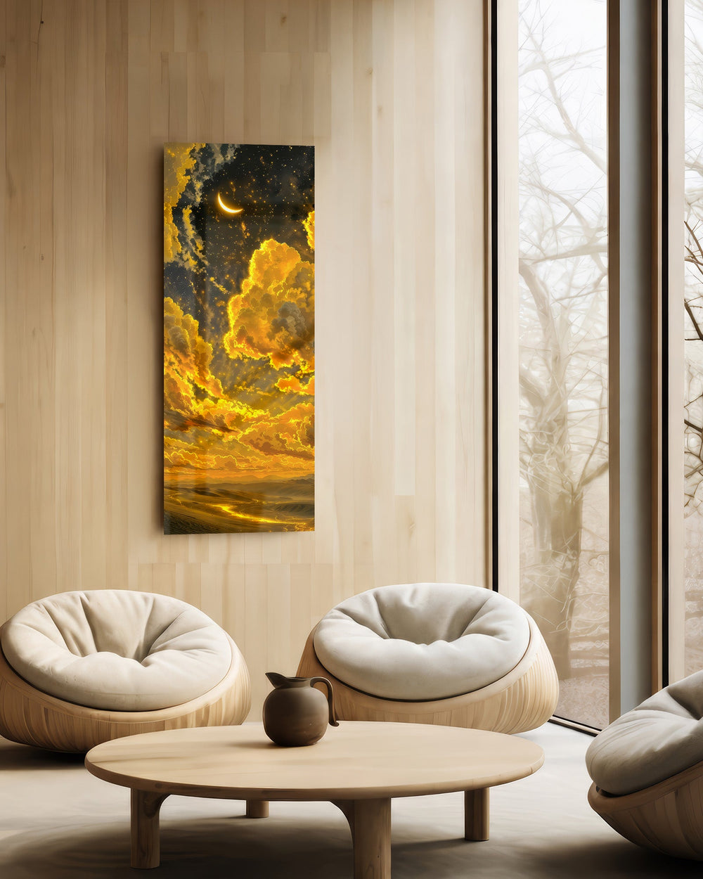 Billowing golden clouds beneath a crescent moon and starry sky over glowing rolling hills. panoramic glass wall art C