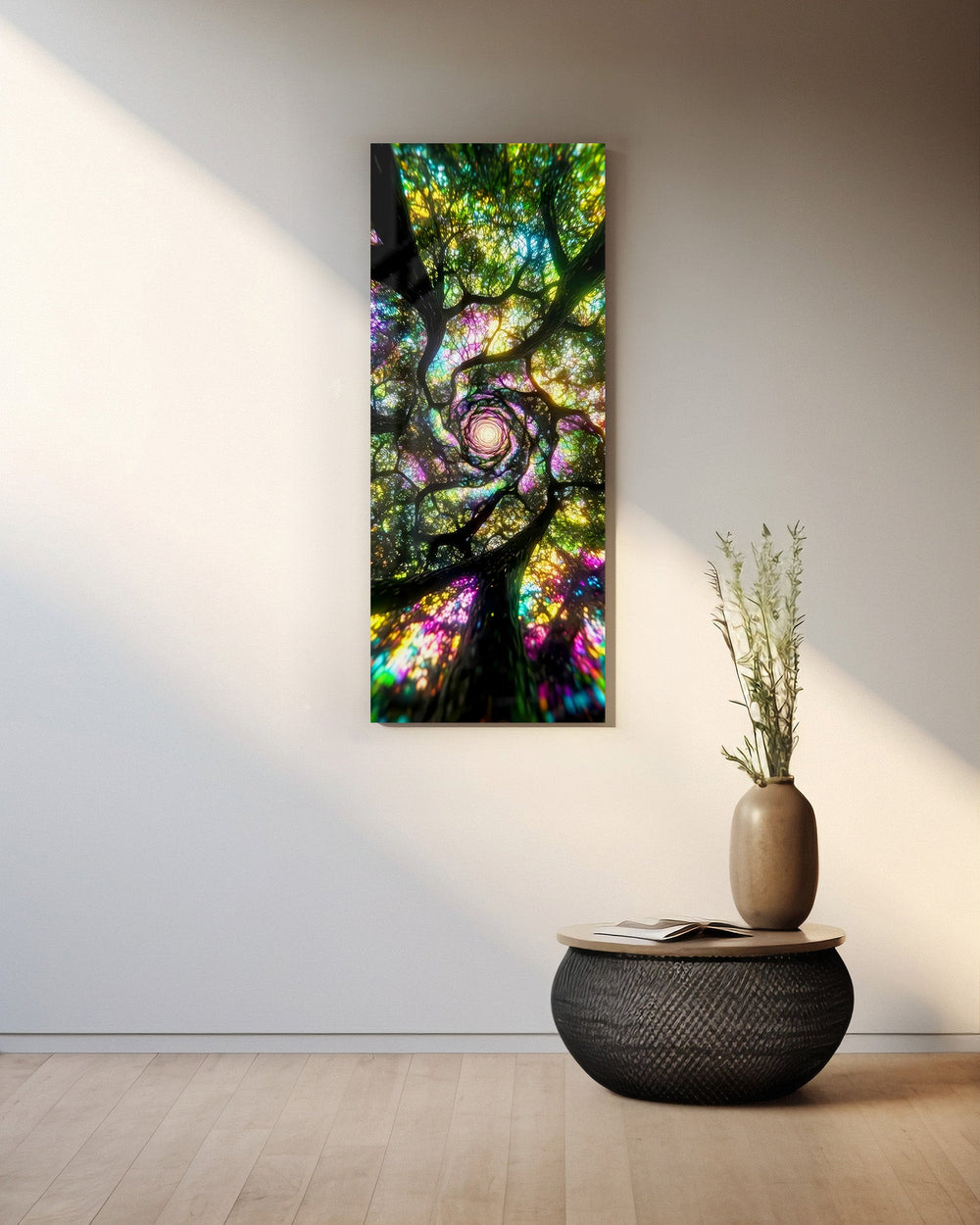 Kaleidoscopic upward view into a spiraling tree canopy rendered like glowing stained glass. panoramic glass wall art A