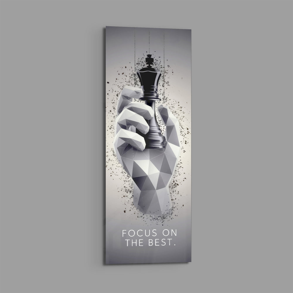 Low-poly monochrome hand grasping a black chess king as fragments burst around it. panoramic glass wall art E