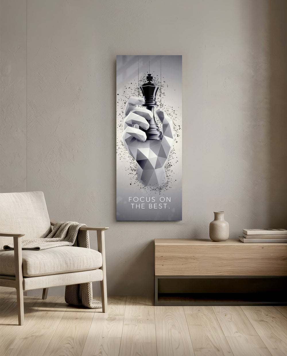 Low-poly monochrome hand grasping a black chess king as fragments burst around it. panoramic glass wall art F