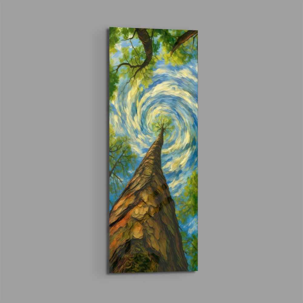 Impressionist upward view of a tall tree trunk reaching into a swirling painted sky. panoramic glass wall art E