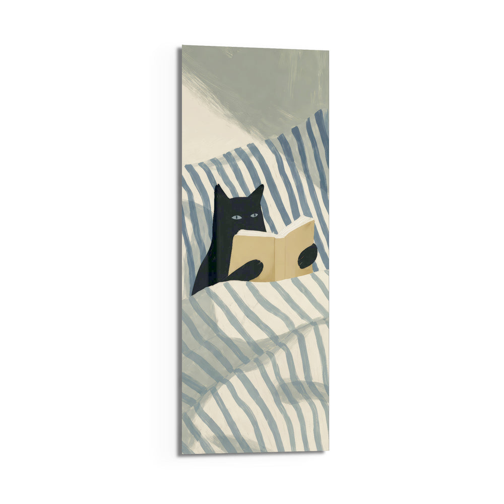 Minimalist illustration of a black cat propped up in striped bedding holding an open book. panoramic glass wall art D