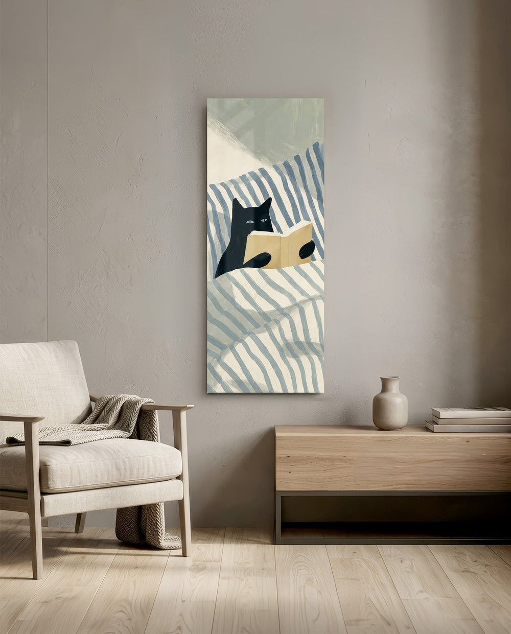 Minimalist illustration of a black cat propped up in striped bedding holding an open book. panoramic glass wall art F