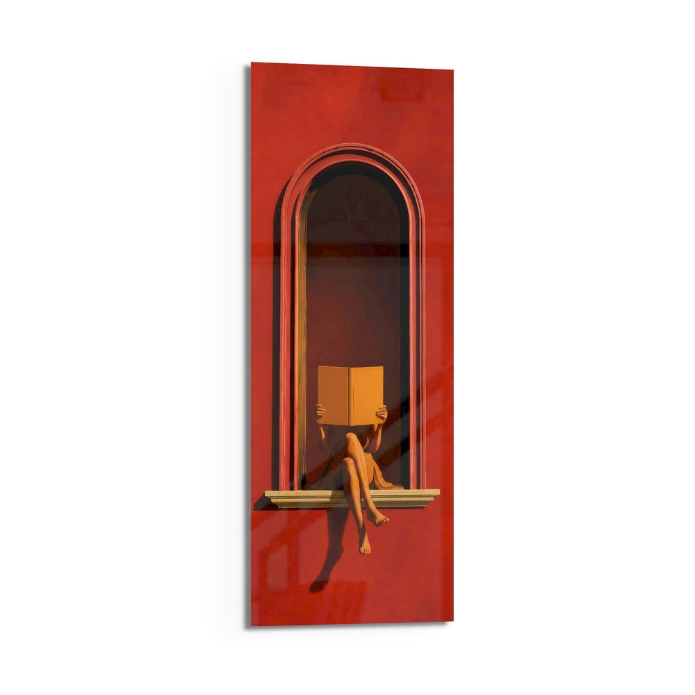 A seated figure reading on the sill of a terracotta-red arched niche, face hidden behind an open golden book. panoramic glass wall art D