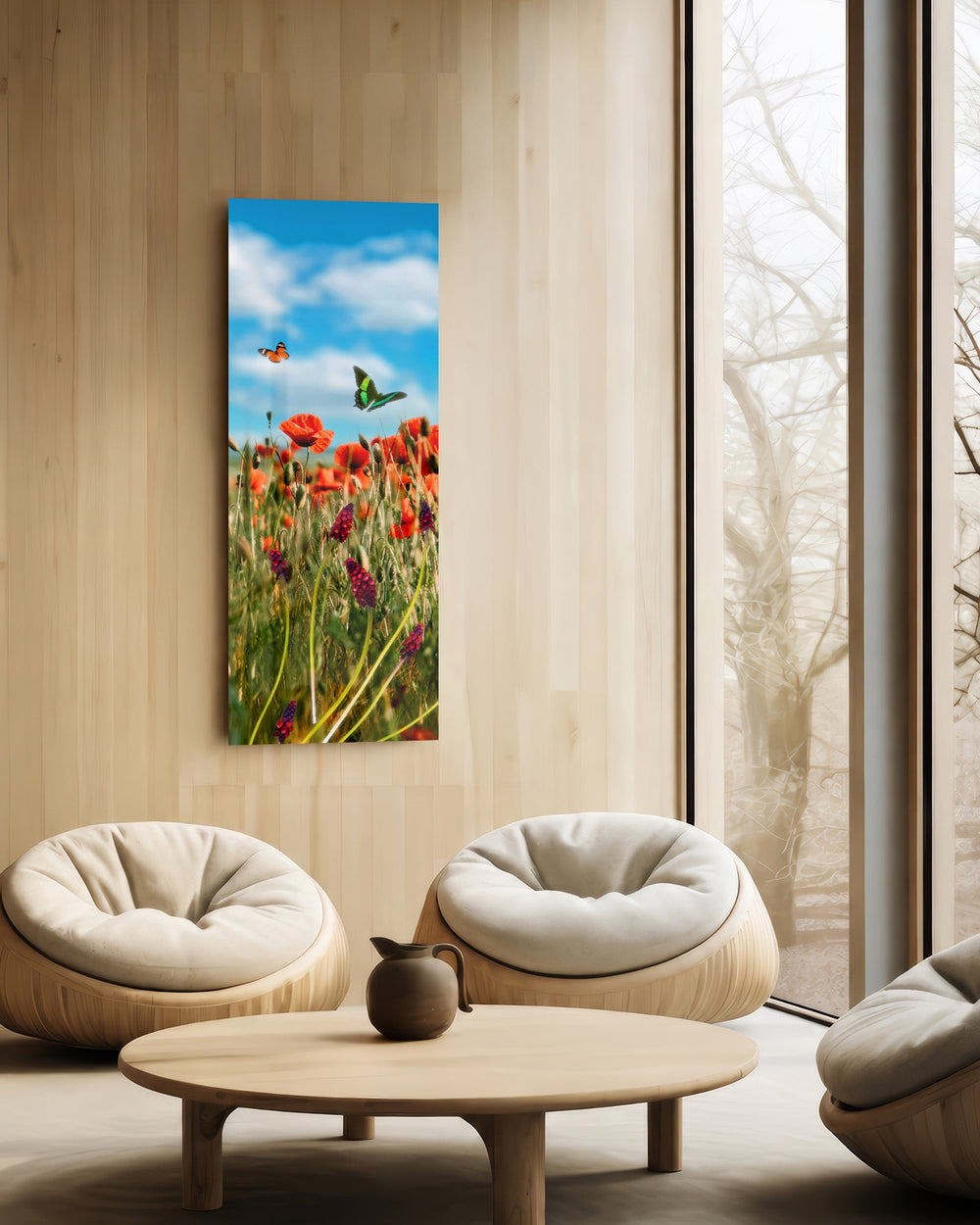 A sunlit meadow of red poppies and purple grape-hyacinth spikes with orange and green butterflies against a bright blue, cloud-dappled sky. panoramic glass wall art C