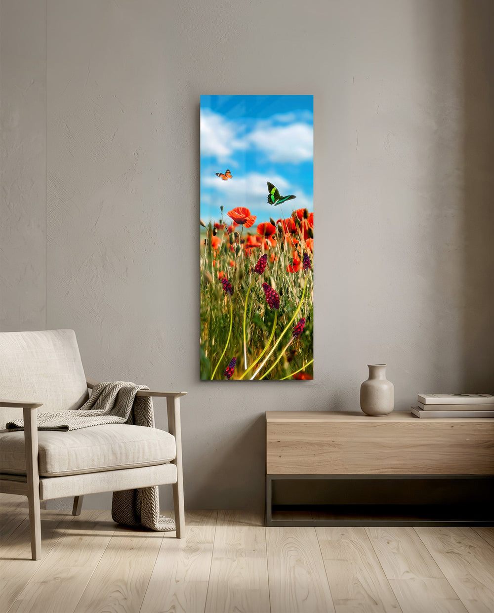 A sunlit meadow of red poppies and purple grape-hyacinth spikes with orange and green butterflies against a bright blue, cloud-dappled sky. panoramic glass wall art F