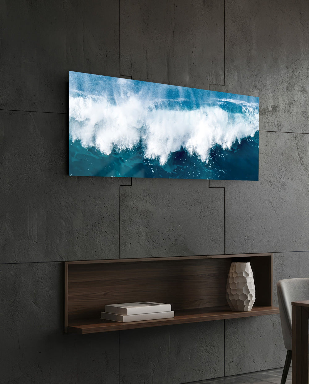 Crashing Blue Ocean Wave Glass Wall Art (36"x14")