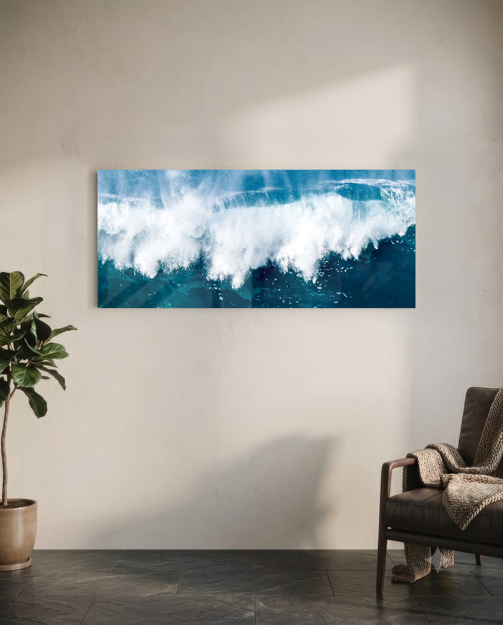 A powerful ocean wave breaking into white foam and spray against deep teal and blue sea water. panoramic glass wall art C
