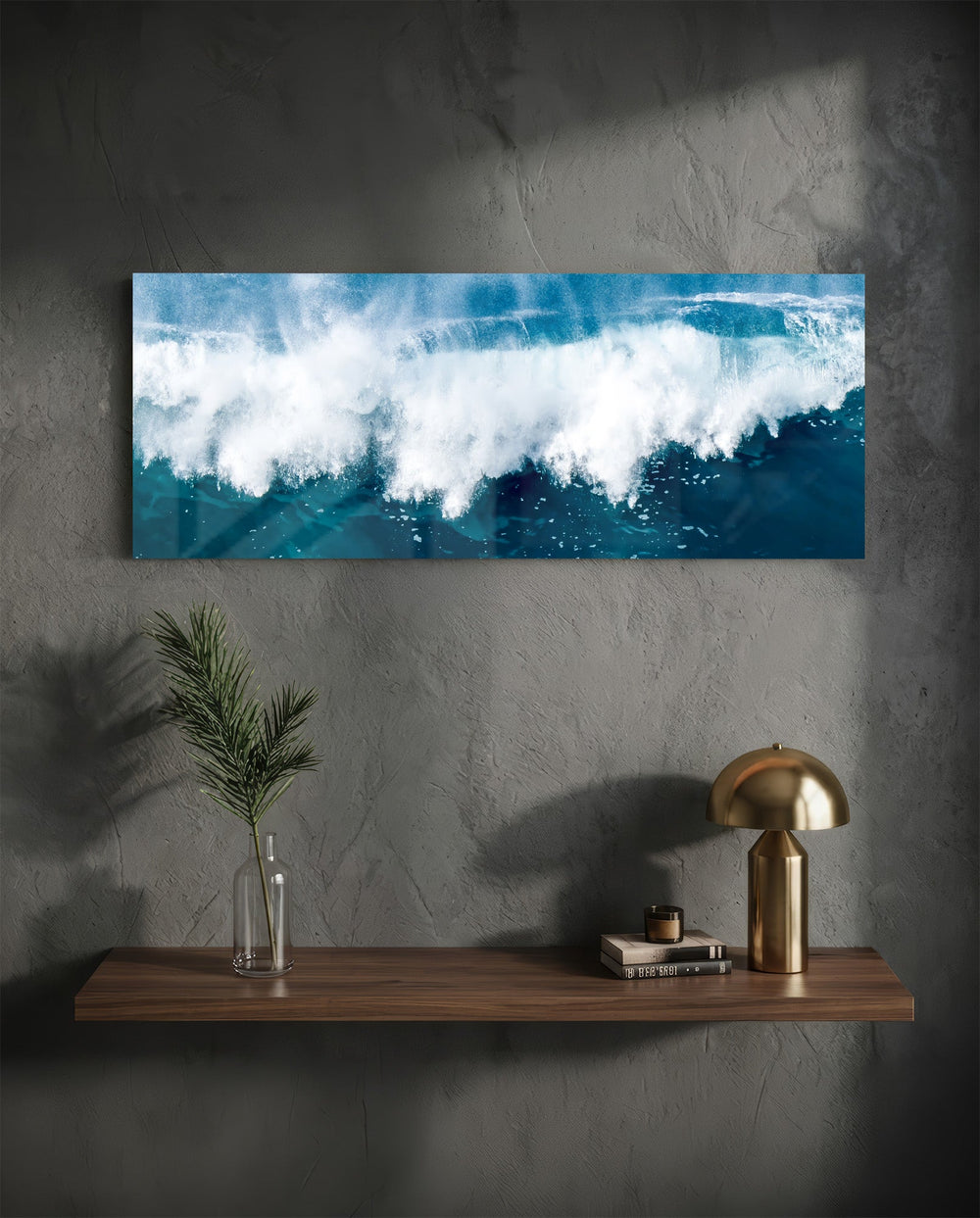 A powerful ocean wave breaking into white foam and spray against deep teal and blue sea water. panoramic glass wall art D