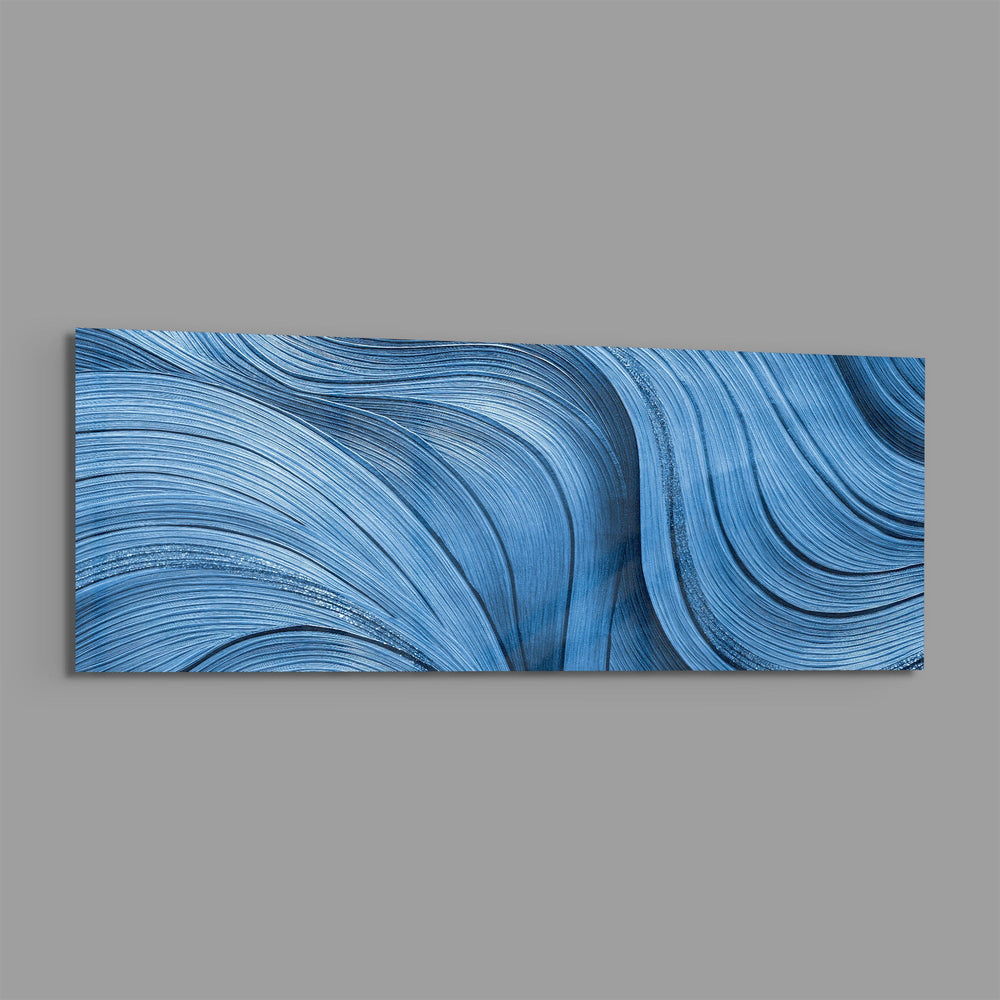 Sweeping abstract brushstroke waves in shades of blue with fine silvery, silk-like striations and shimmering metallic threads. panoramic glass wall art E