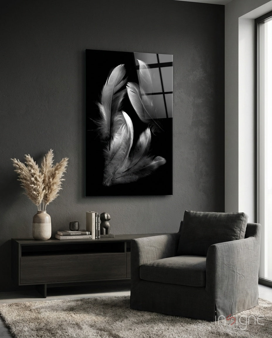 Feather glass wall art displayed above a sideboard in a dark grey living room