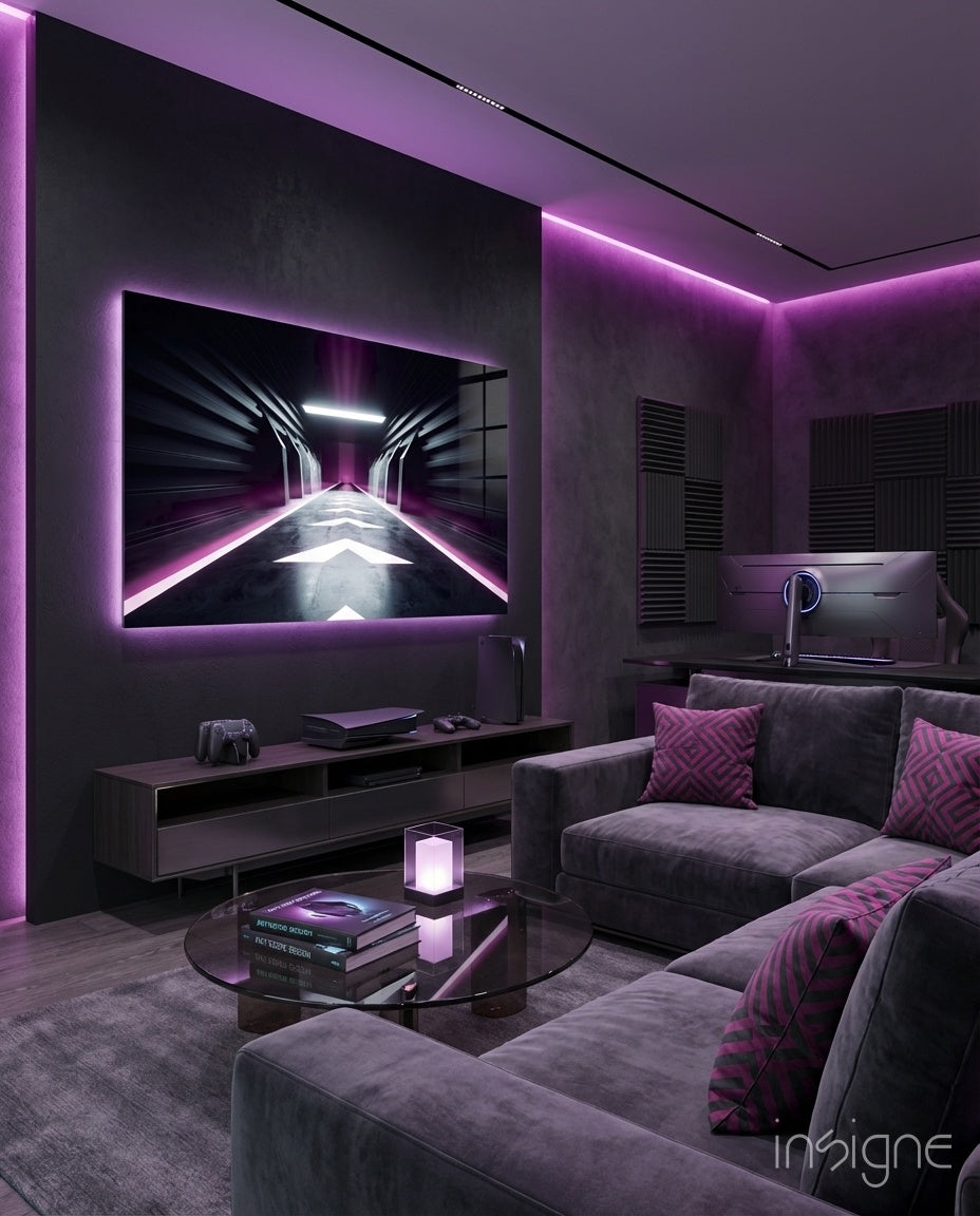 Neon Tunnel glass wall art displayed above a sideboard in a magenta-lit gaming lounge