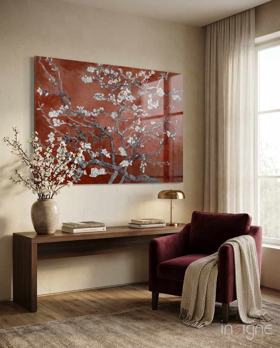 Rust Almond glass wall art displayed above a console in a warm-toned reading nook