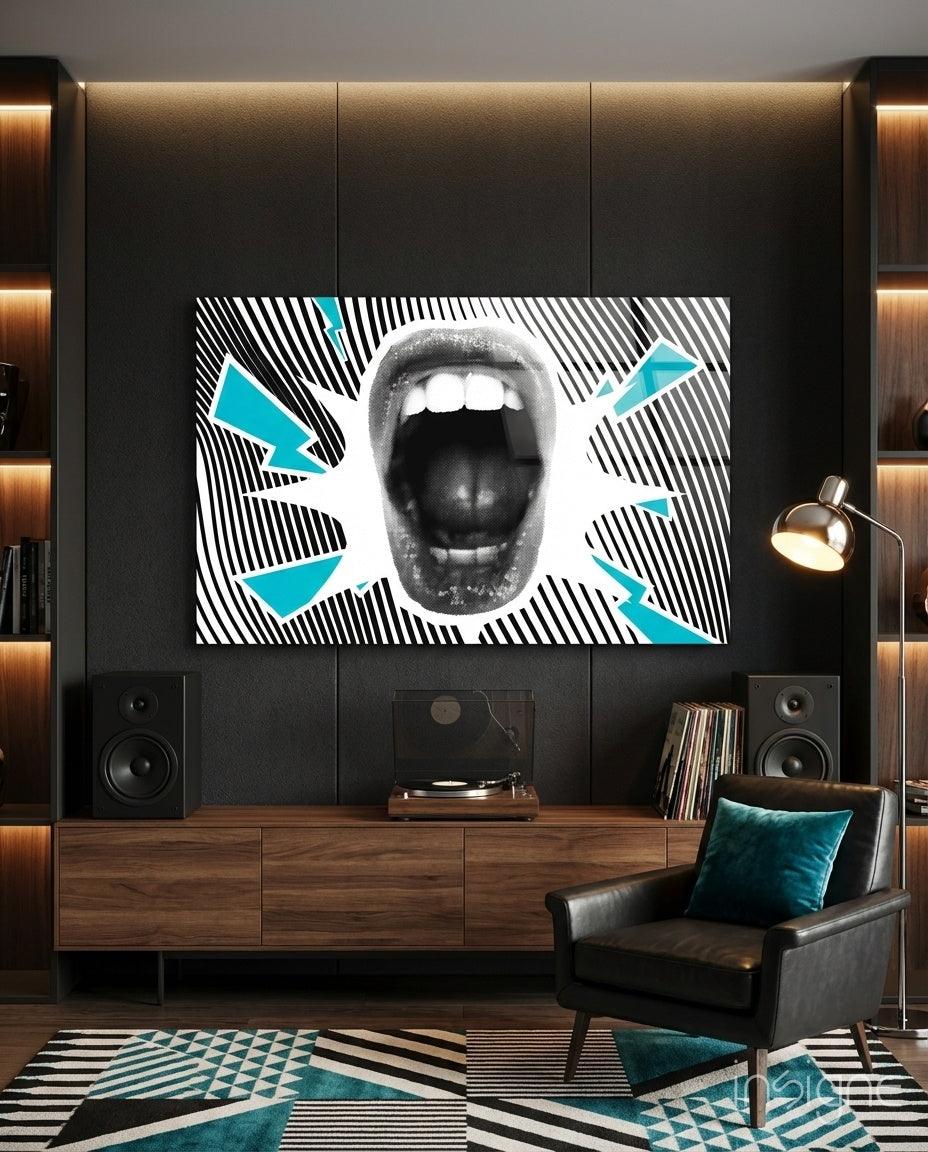 Scream glass wall art displayed above a record-player console in a vinyl lounge