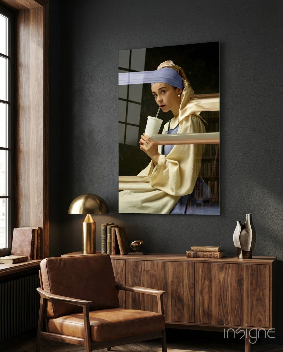 Pearl Milkshake glass wall art displayed above a wood console in a charcoal-walled study