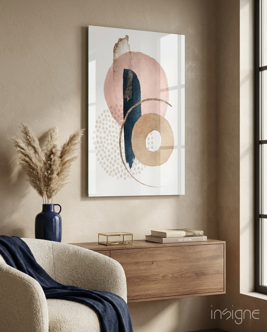 Boho Curve glass wall art displayed above a console in a beige sunlit reading nook