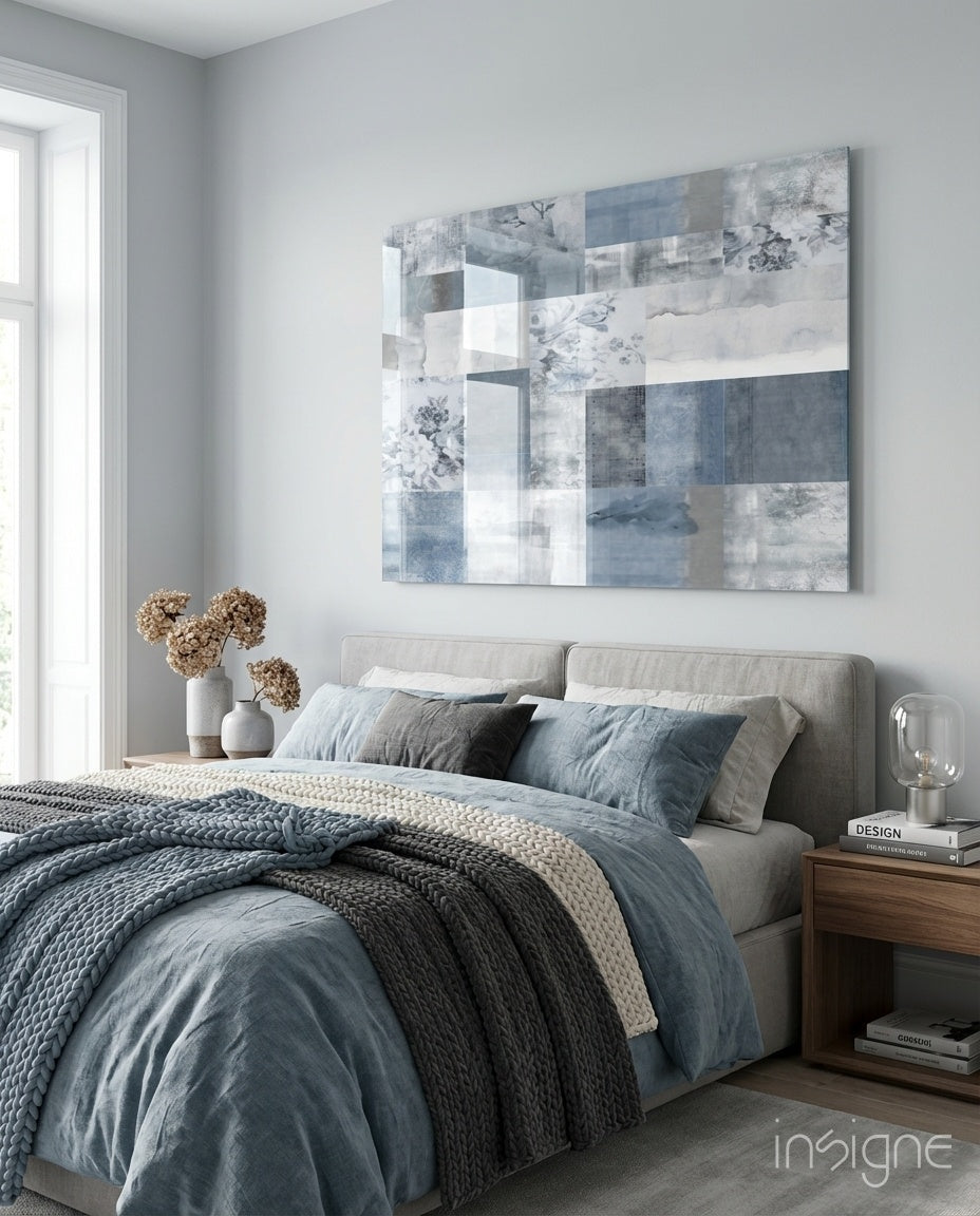 Soft Patchwork glass wall art displayed above a linen headboard in a powder-blue bedroom