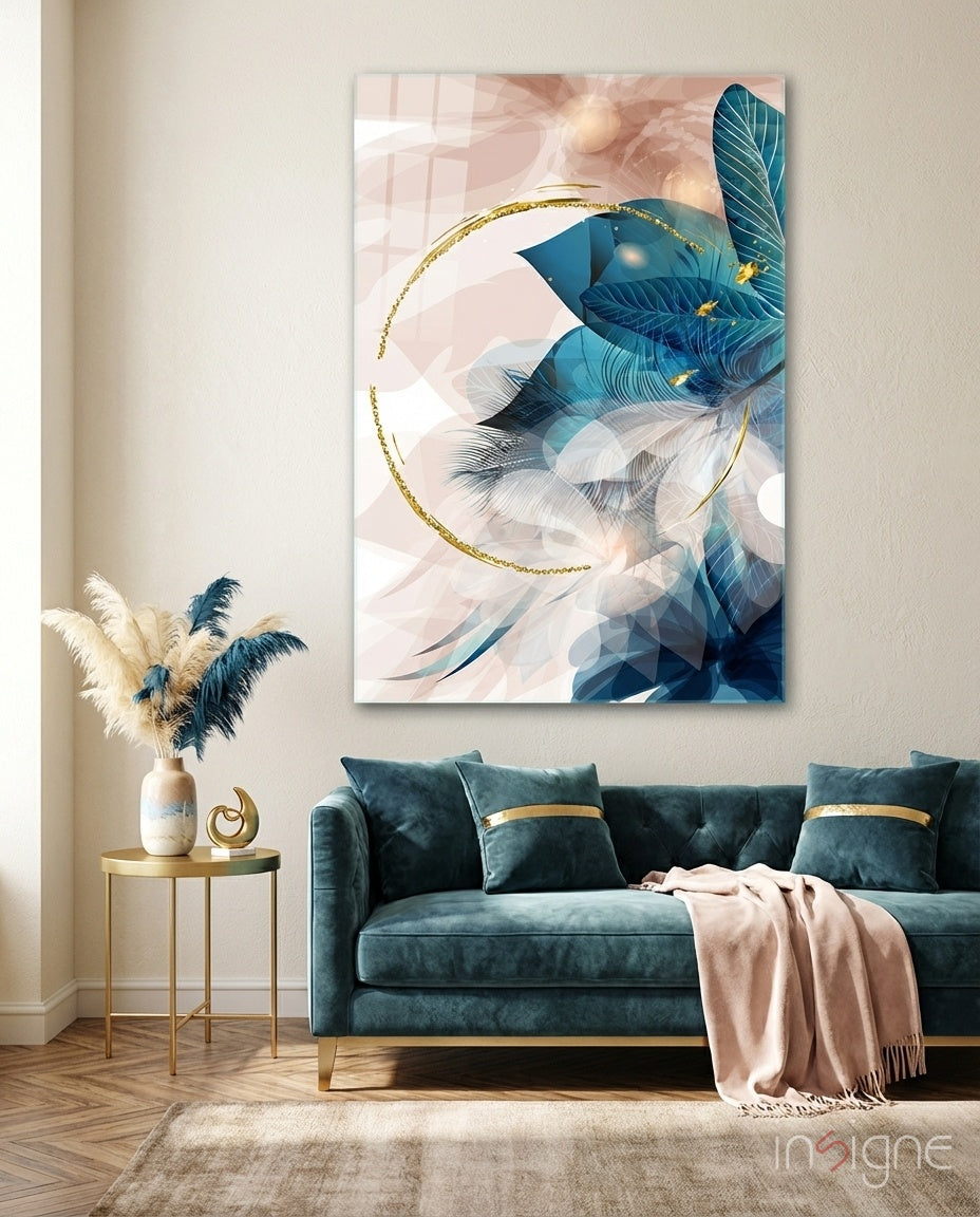 Coral Bloom glass wall art displayed above a teal velvet sofa in a contemporary lounge
