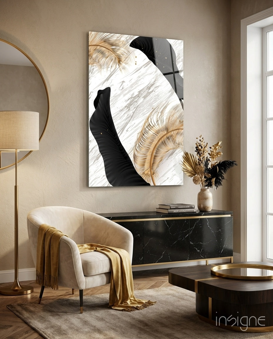 Black Gold Feathers glass wall art displayed above a black-marble sideboard in a beige living room